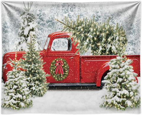 Christmas Red Truck Backdrop Winter Snowy Forest Tree Background - Hibrides