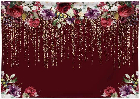 Durable Fabric Burgundy Red Flowers Backdrop No Wrinkles Golden Glitter Floral Birthday Party Photography - Hibrides