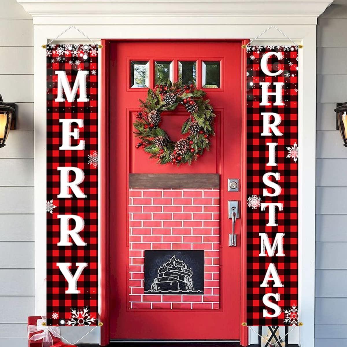 Christmas Decorations Outdoor Yard Front Porch Sign Set, Red Black Buffalo Plaid Door Banner, Hanging Merry Christmas Decorations for Home - Hibrides