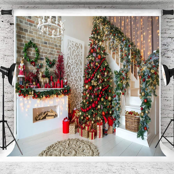 7x5FT Christmas Backdrops for Photography Fireplace Christmas Photography Background Indoors Xmas Tree Gift - Hibrides