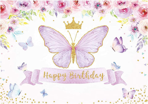 Happy Birthday Butterfly Party Backdrop Purple Baby Girls Princess Pink Rose Floral Gold Photography Background - Hibrides