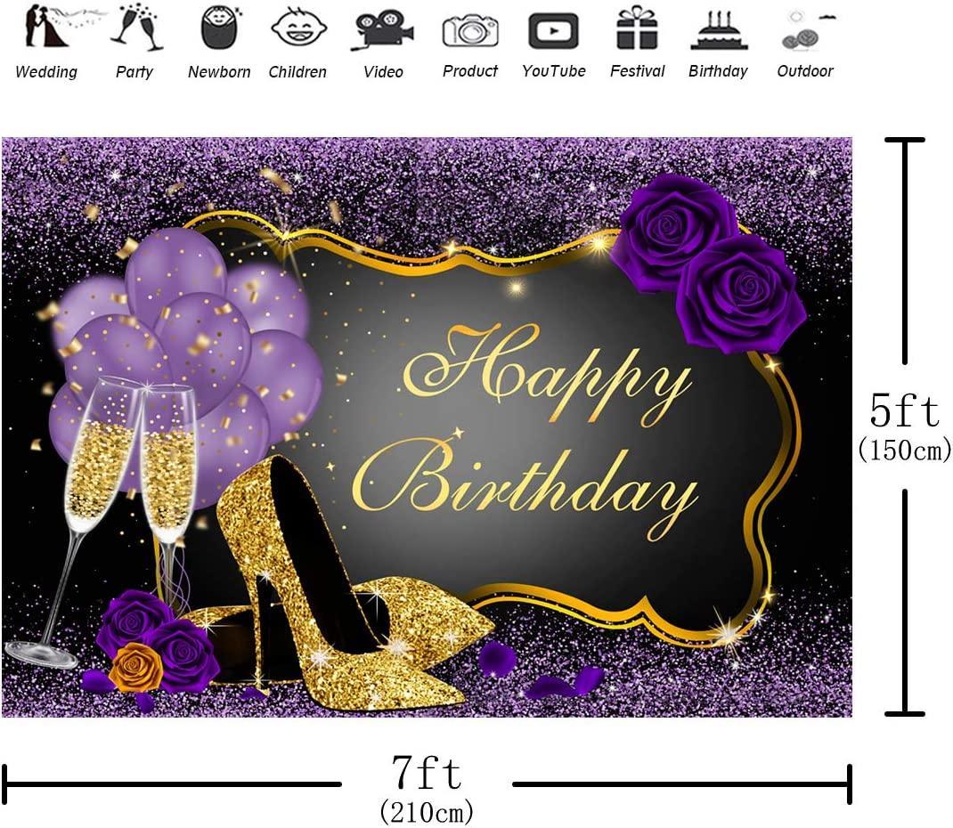 7x5FT Purple Happy Birthday Backdrop Rose Shiny Sequin High Heels Champagne Golden Frame Glasses Photography Background - Hibrides