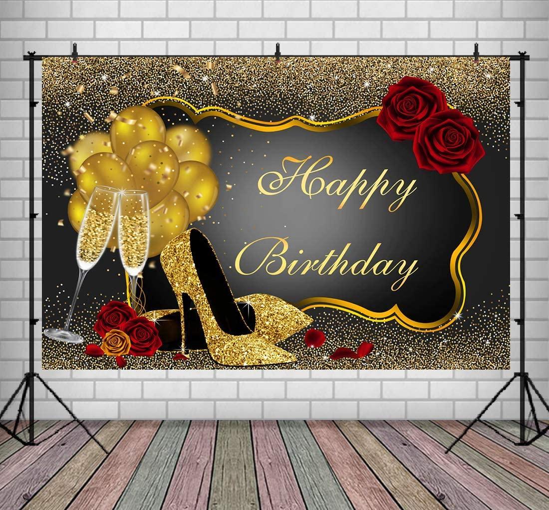 Happy Birthday Backdrop Glitter Gold Red Rose Floral Golden Balloons Heels Champagne Glass Background - Hibrides