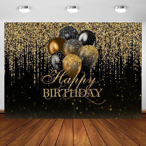 7x5ft Happy Birthday Backdrop Glitter Black and Gold Balloons Photography Background - Hibrides