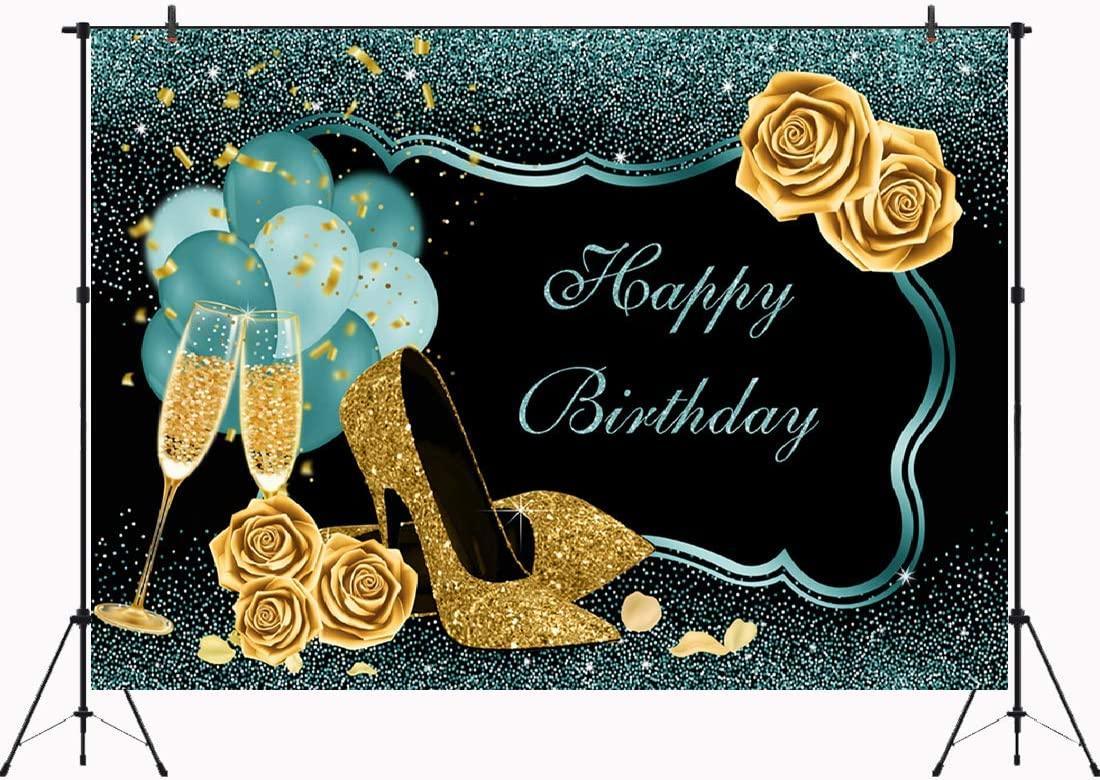 7x5ft Turquoise Green Gold Happy Birthday Backdrop Golden High Heels Glasses Photography Background - Hibrides