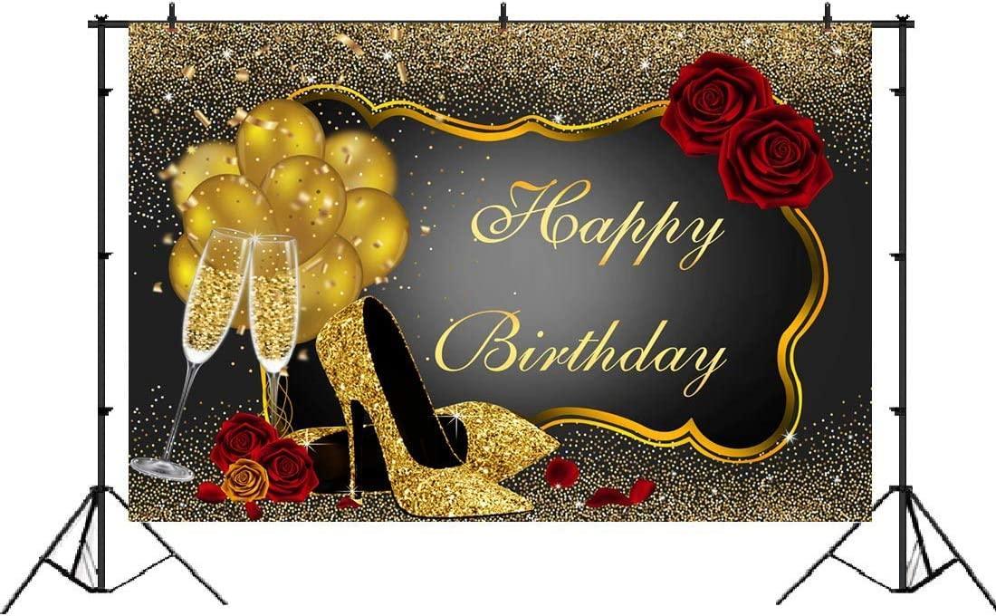 Happy Birthday Backdrop Glitter Gold Red Rose Floral Golden Balloons Heels Champagne Glass Background - Hibrides