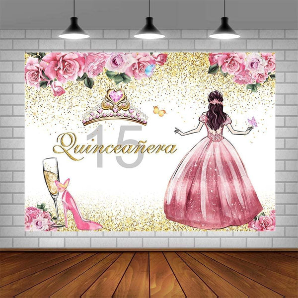 Quinceanera Backdrop for Girl Happy 15th Birthday Background Pink Flowers High Heels Crown Princess Birthday Party Decorations - Hibrides