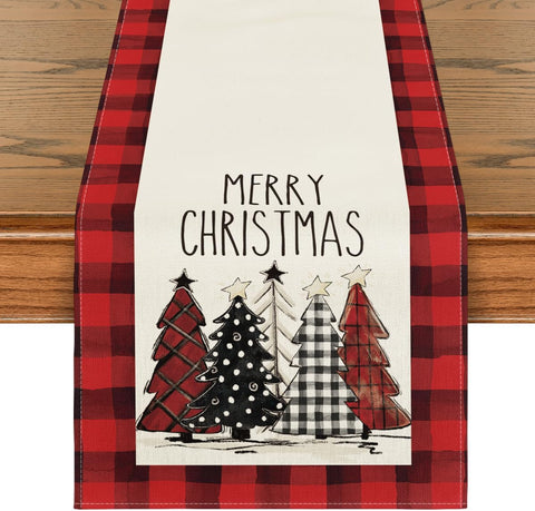 13x72 Inch Watercolor Red and Black Buffalo Plaid Christmas Trees Merry Xmas Table Runner, Seasonal Winter Holiday Kitchen Dining Table Decoration