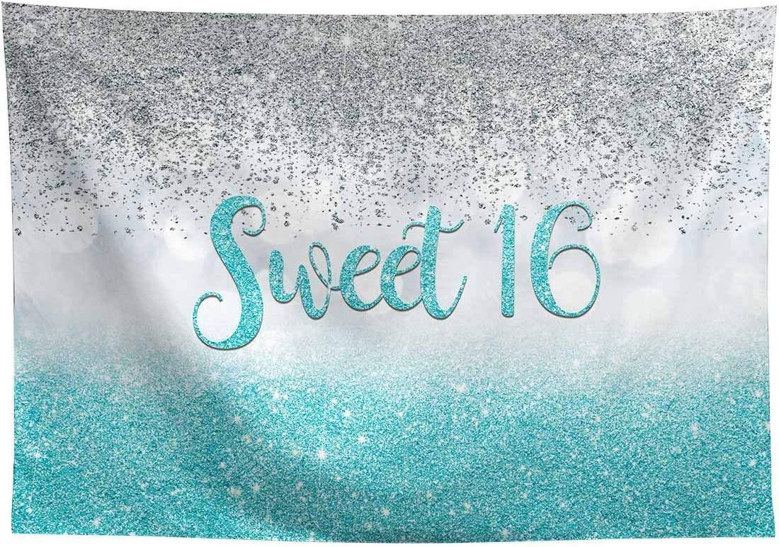 Sweet 16 Silver Blue Bokeh Glitter Backdrop 7x5ft for Girls Happy 16th Birthday Party Decorations - Hibrides