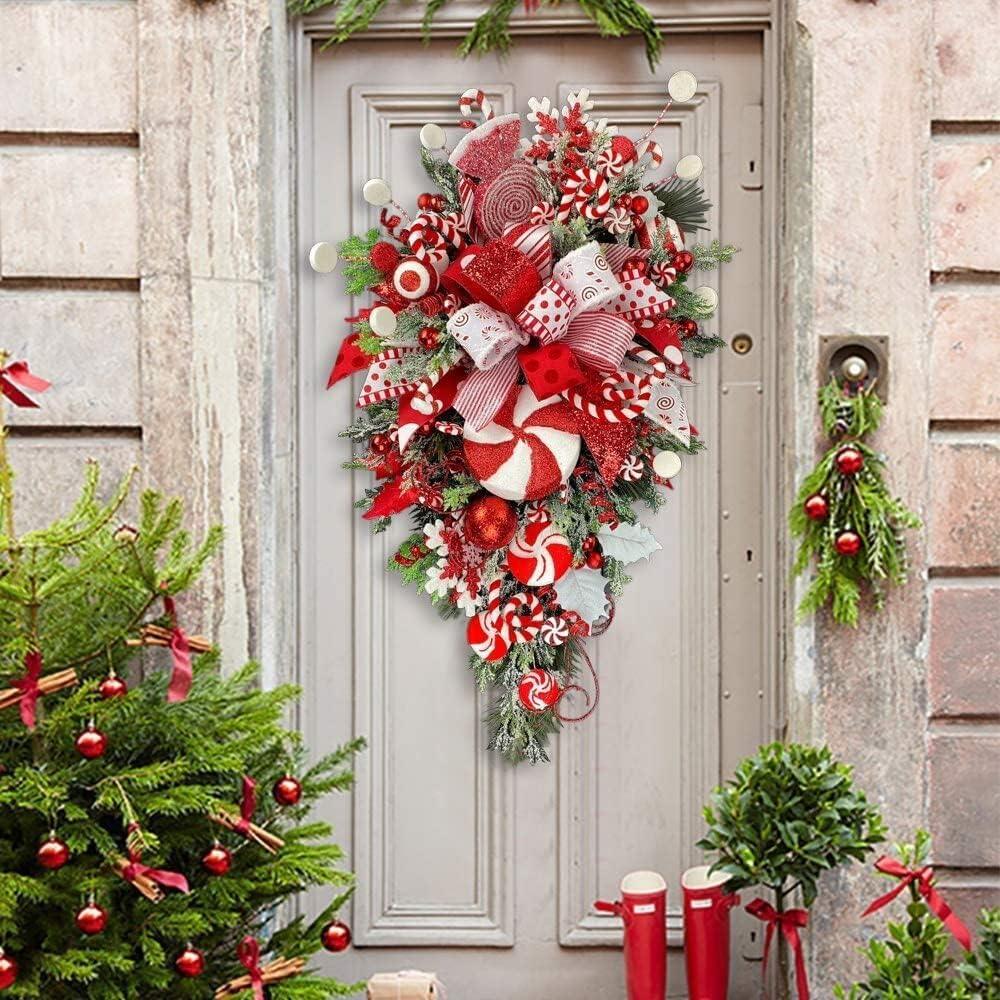Christmas Candy Cane Wreath for Front Door Red White Teardrop Swag Candy Cane Christmas Stairway Decorations - Hibrides