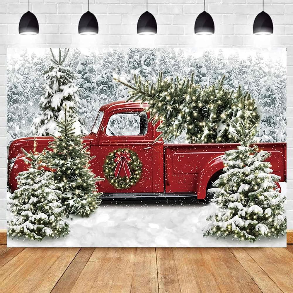 7X5FT Christmas Retro Red Truck Photography Background Snow Capped Forest Family Children's Holiday Party Decorations Photo Banner Backdrop Props - Hibrides
