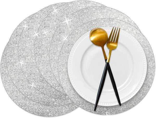 50 Pieces Reusable Glitter Place Mats Sparkle 14'' Round Table Mats for Wedding, Home Dining Tableware