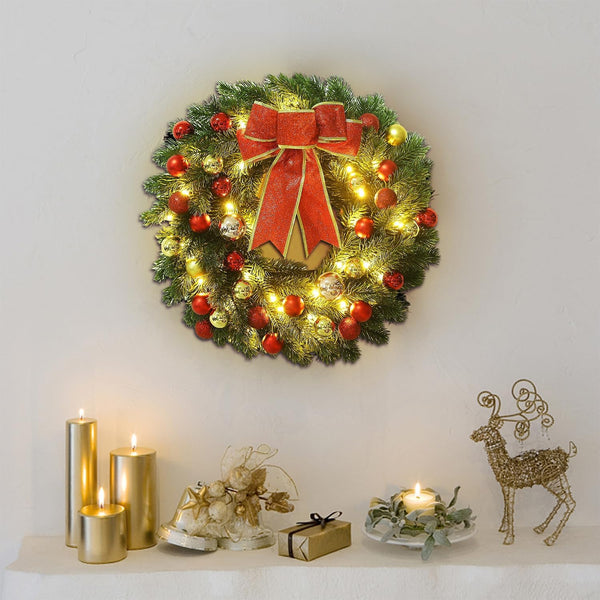 18 Inch Christmas Spruce Wreath with Colored Balls and Metal Hanger, Pre-Lit Battery Operated Warm White LED Lights, Front Door Wreath X-max Decorations