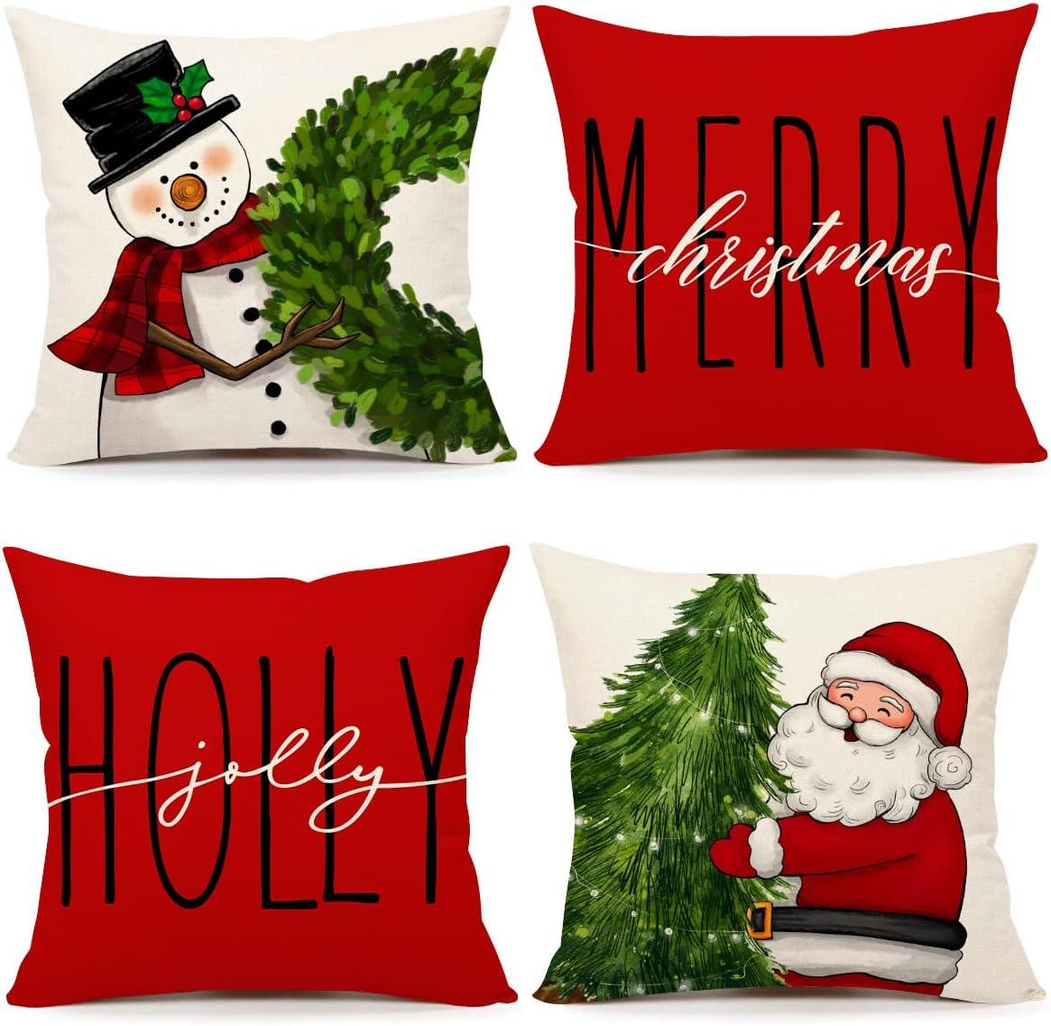 Set of 4 Red Christmas Pillow Covers 18x18 Farmhouse Christmas Decorations Snowman Wreath Santa Claus - Hibrides