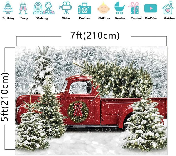7X5FT Christmas Retro Red Truck Photography Background Snow Capped Forest Family Children's Holiday Party Decorations Photo Banner Backdrop Props - Hibrides