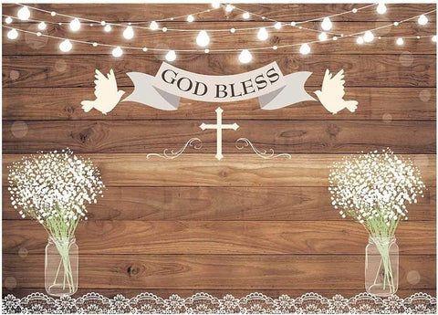 First Holy Communion Baptism Party Backdrop Rustic Wood God Bless Floral Photography Background - Hibrides
