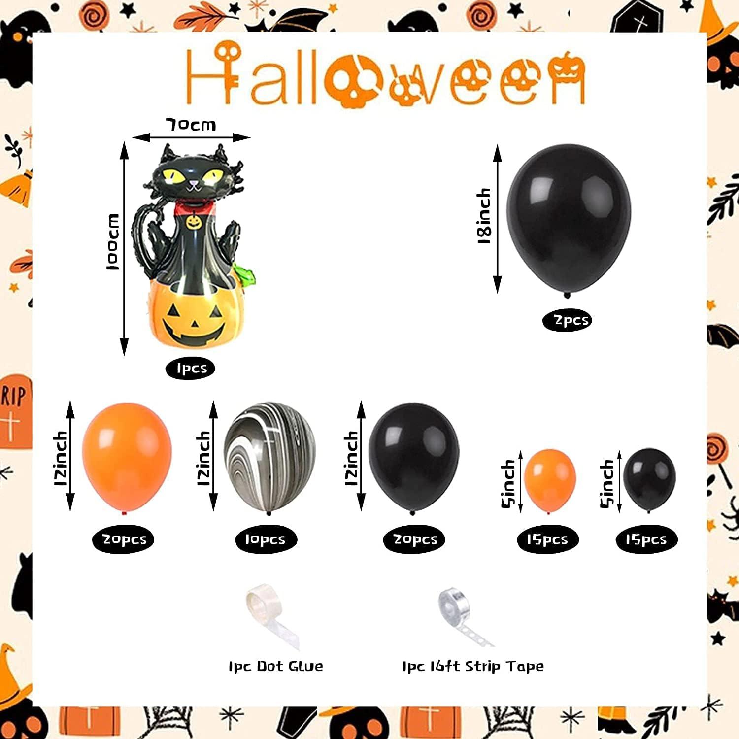 85pcs Halloween Balloon Garland Arch Kit, Black Orange Balloon Arch Garland Kit with Foil Cat Pumpkin Balloon and Marble Balloons for Halloween - Hibrides