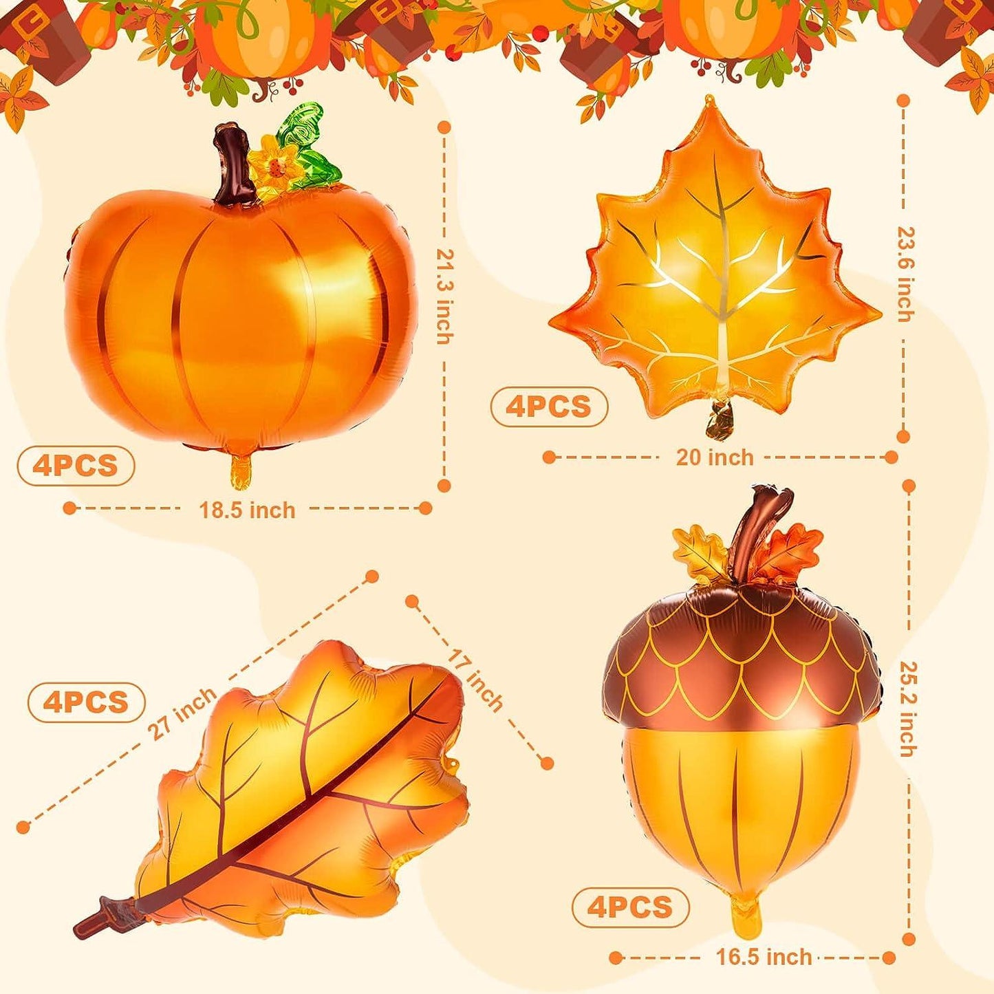 16Pcs Big Maple Leaves Acorn Balloons for Thanksgiving Home Festival Decorations - Hibrides
