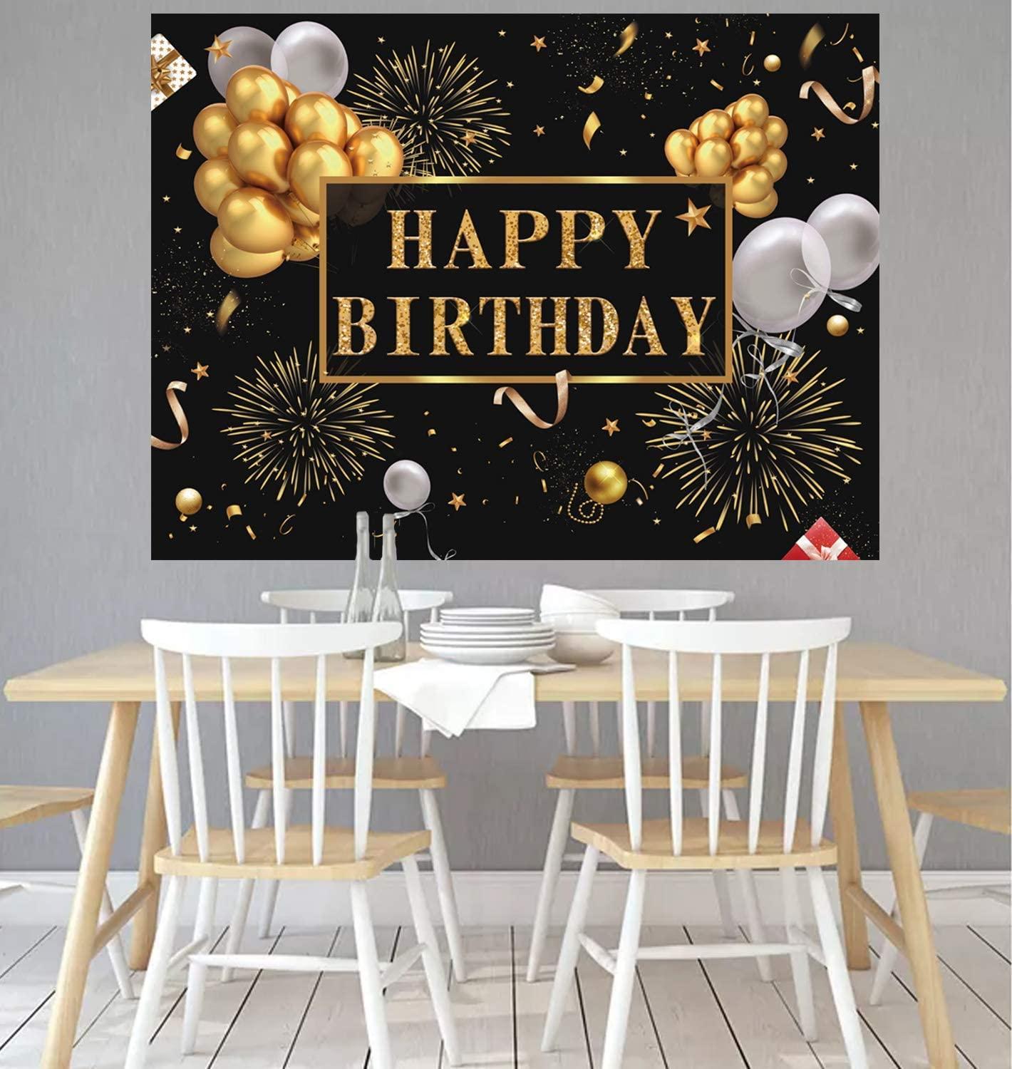 7x5ft Happy Birthday Backdrop Banner, Birthday Party Decor,Black Gold Poster Photo Booth Backdrop Background - Hibrides
