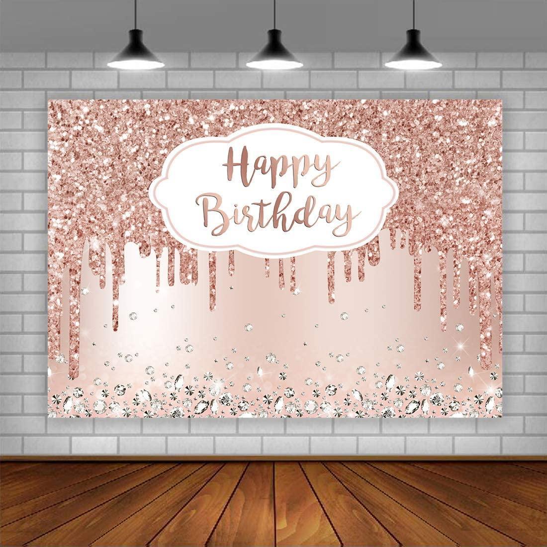 Pink Rose Golden Birthday Party Backdrop Glitter Diamonds Happy Birthday Background - Hibrides