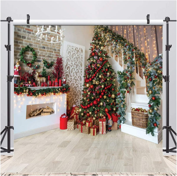 7x5FT Christmas Backdrops for Photography Fireplace Christmas Photography Background Indoors Xmas Tree Gift - Hibrides