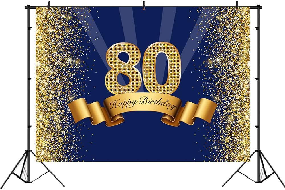Happy 80th Birthday Photography Backdrop for Adult Men Navy Blue and Glitter Gold Eighty Years Old Background - Hibrides