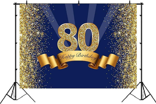 Happy 80th Birthday Photography Backdrop for Adult Men Navy Blue and Glitter Gold Eighty Years Old Background - Hibrides