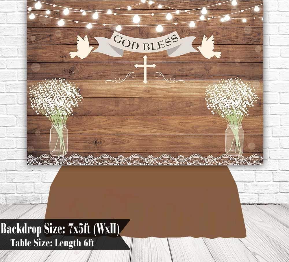 First Holy Communion Baptism Party Backdrop Rustic Wood God Bless Floral Photography Background - Hibrides