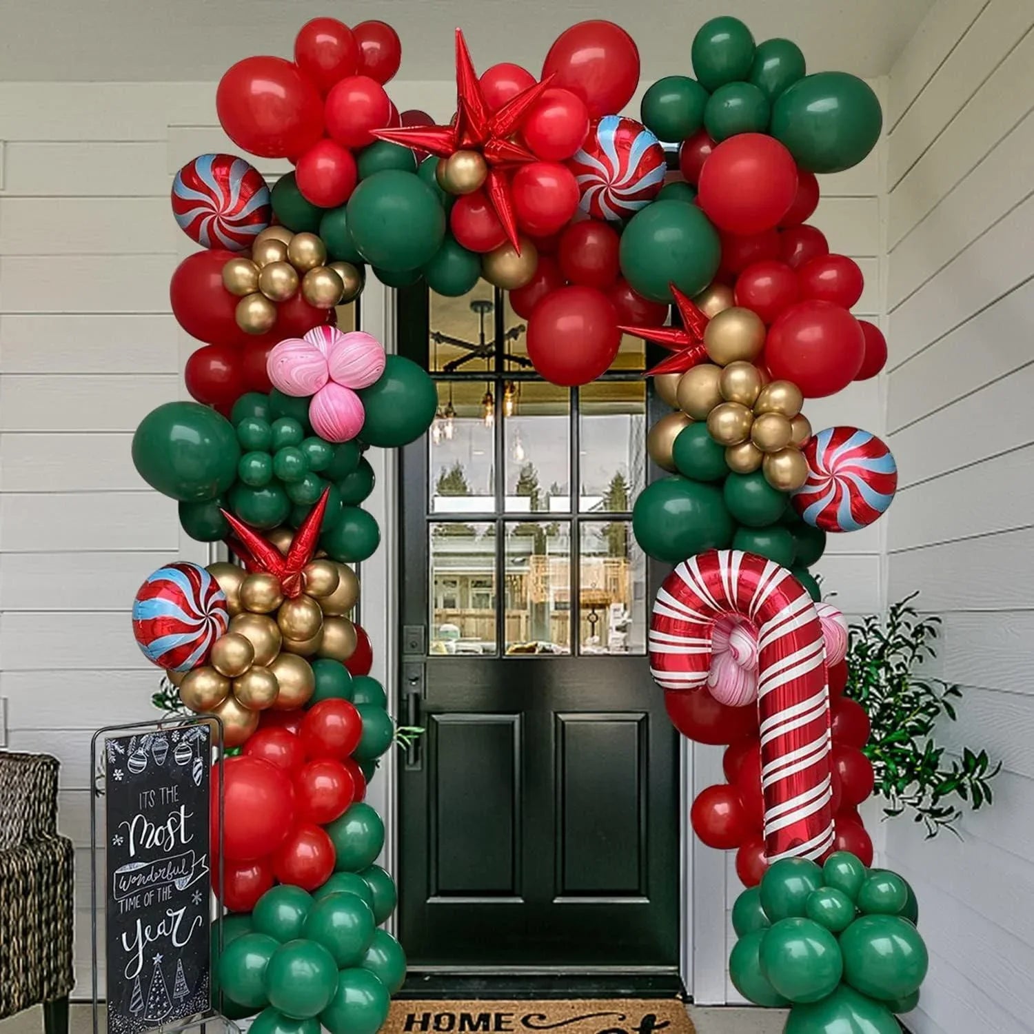 Christmas Balloon Garland Kit – Red, Green, White Balloons With Candy Cane & Gift Foil Balloons