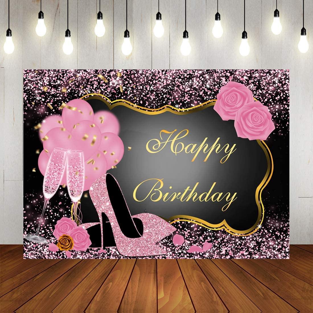 Sliver and Black Happy Birthday Backdrop Glitter Sequin High Heels Champagne Glasses Red Rose Balloons - Hibrides