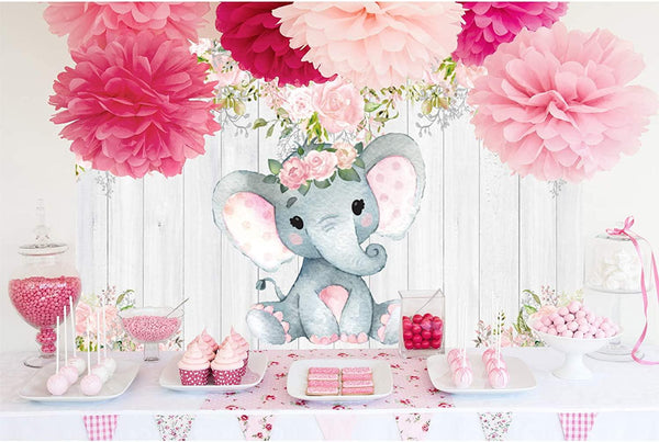 7x5ft Rustic White Wood Elephant Backdrop Supplies for Baby Shower Pink Floral It's a Girl Newborn Kids Birthday Party Decorations - Hibrides
