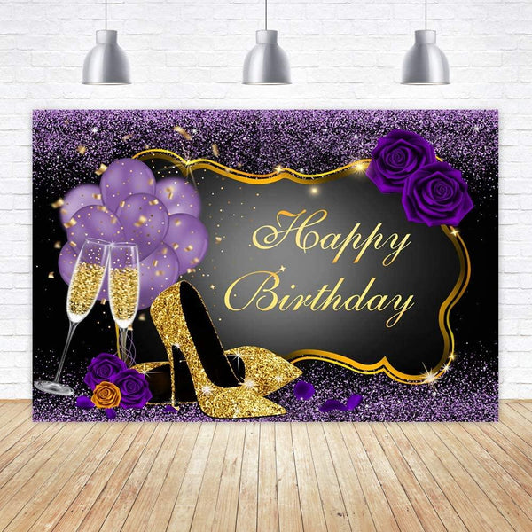 7x5FT Purple Happy Birthday Backdrop Rose Shiny Sequin High Heels Champagne Golden Frame Glasses Photography Background - Hibrides