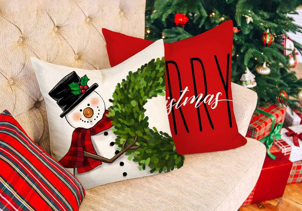 Set of 4 Red Christmas Pillow Covers 18x18 Farmhouse Christmas Decorations Snowman Wreath Santa Claus - Hibrides