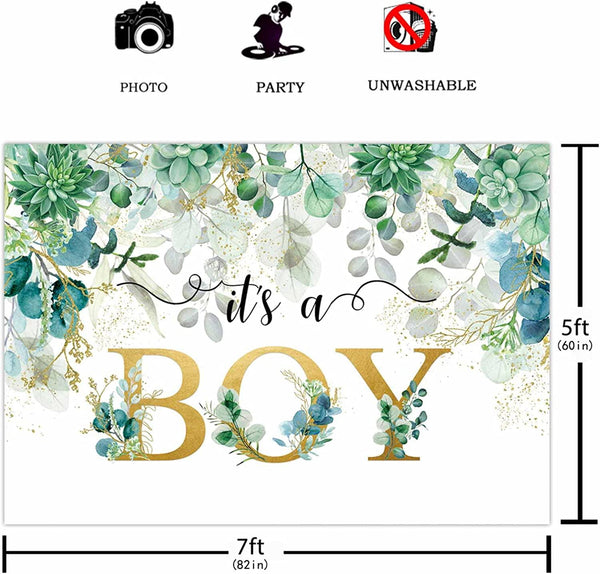 7X5FT It's a Boy Baby Shower Backdrop Succulent and Eucalyptus Leaves Background - Hibrides