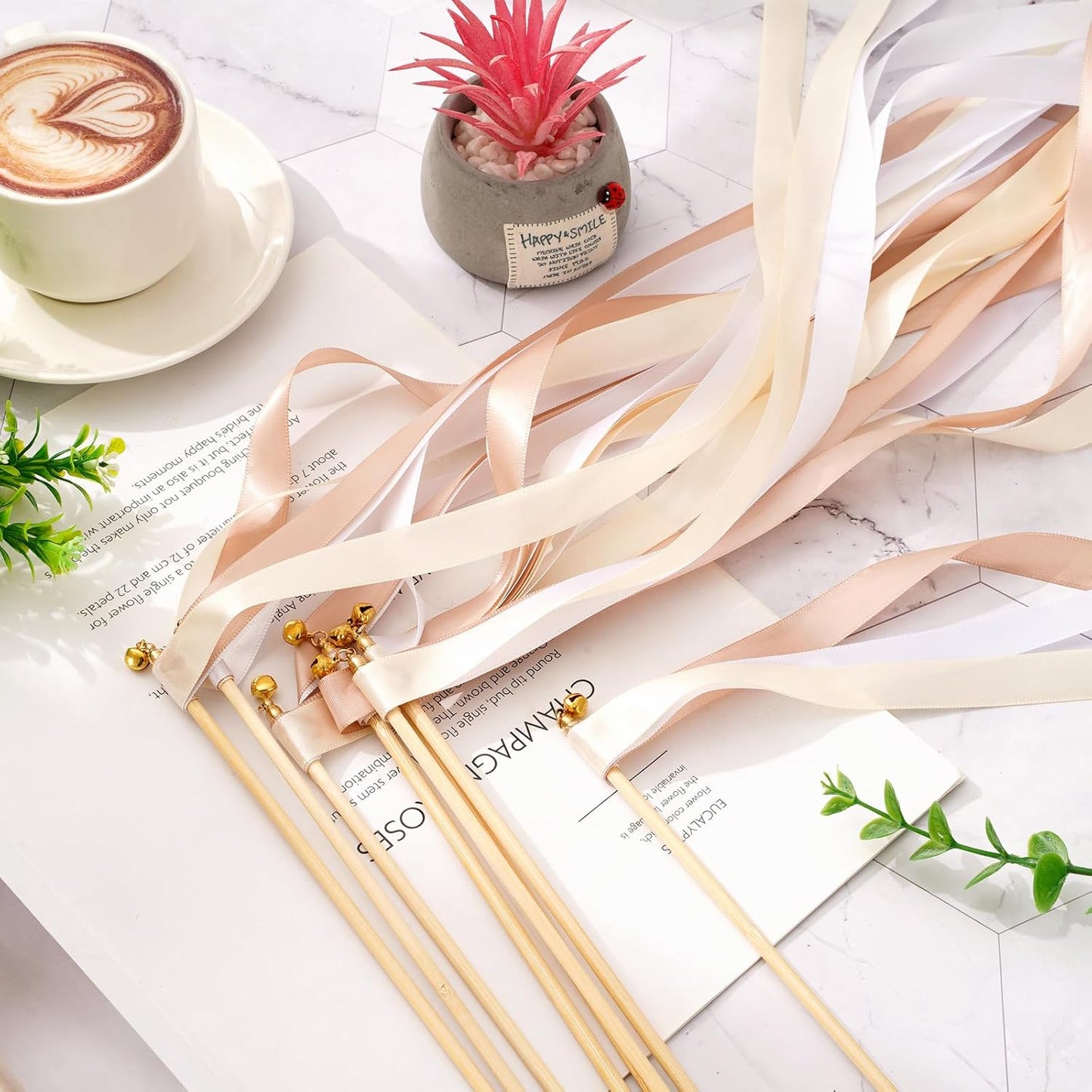 Handmade Wedding Ribbon Sticks with Bells White Champagne Streamers
