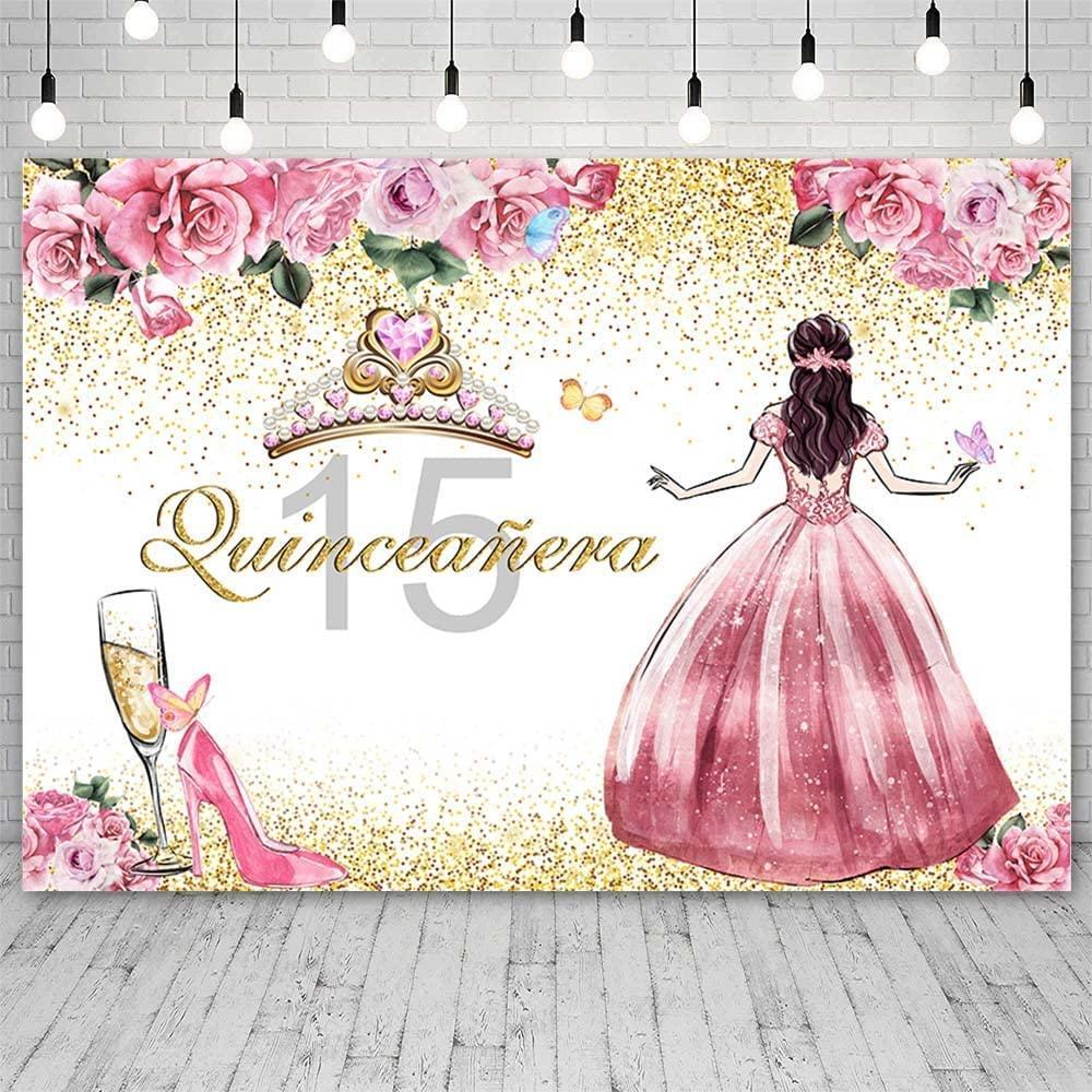Quinceanera Backdrop for Girl Happy 15th Birthday Background Pink Flowers High Heels Crown Princess Birthday Party Decorations - Hibrides