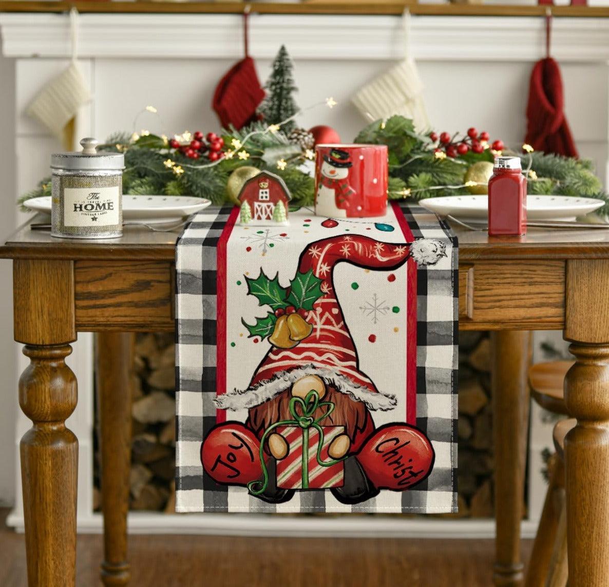 13x72 Inch Buffalo Plaid Gnome Christmas Table Runner, Seasonal Gifts Joy Christmas Kitchen Dining Table Decoration - Hibrides
