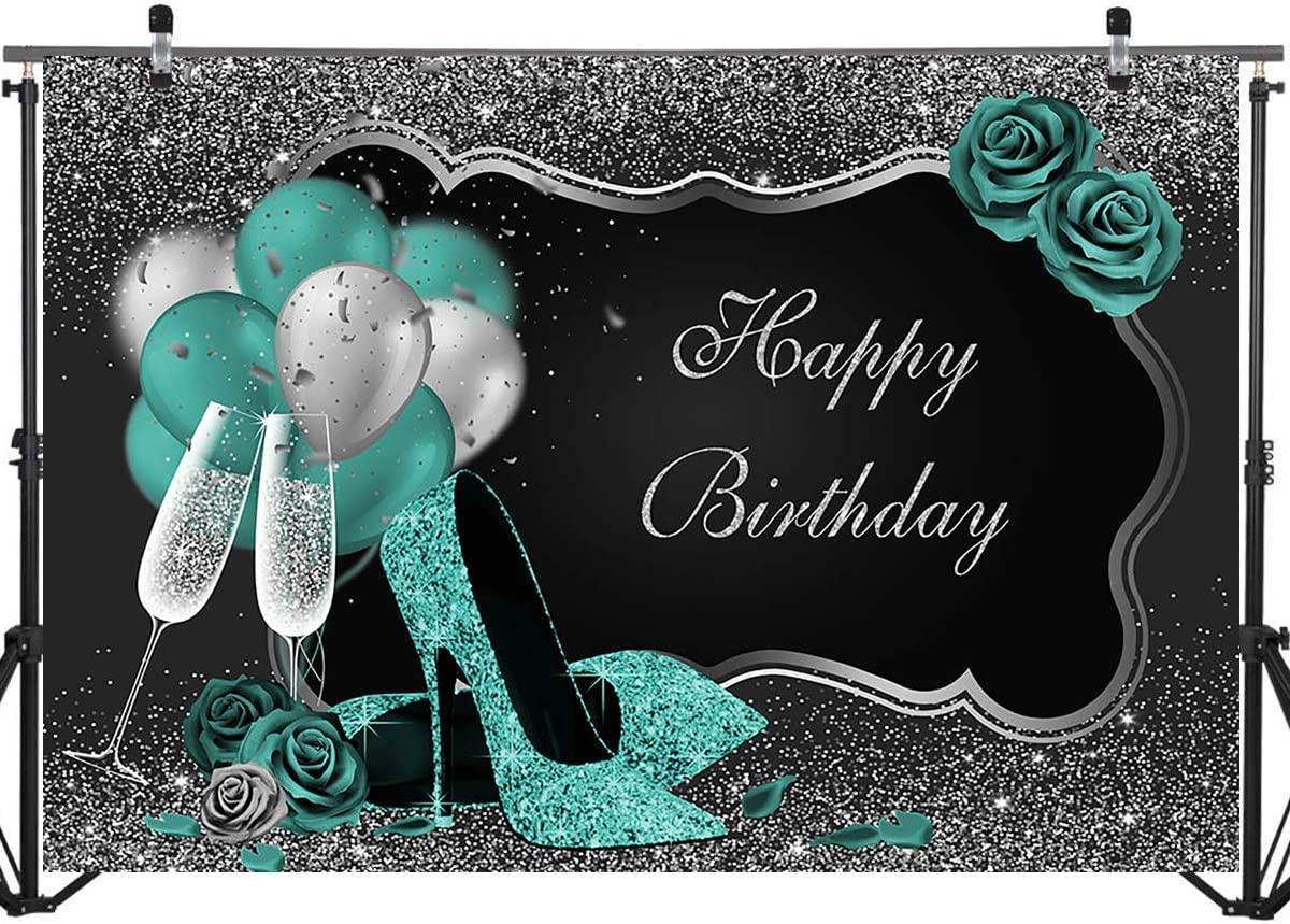 Teal Silver Happy Birthday Backdrop Glitter Green Balloons High Heels Champagne Woman's Birthday Photography Background - Hibrides