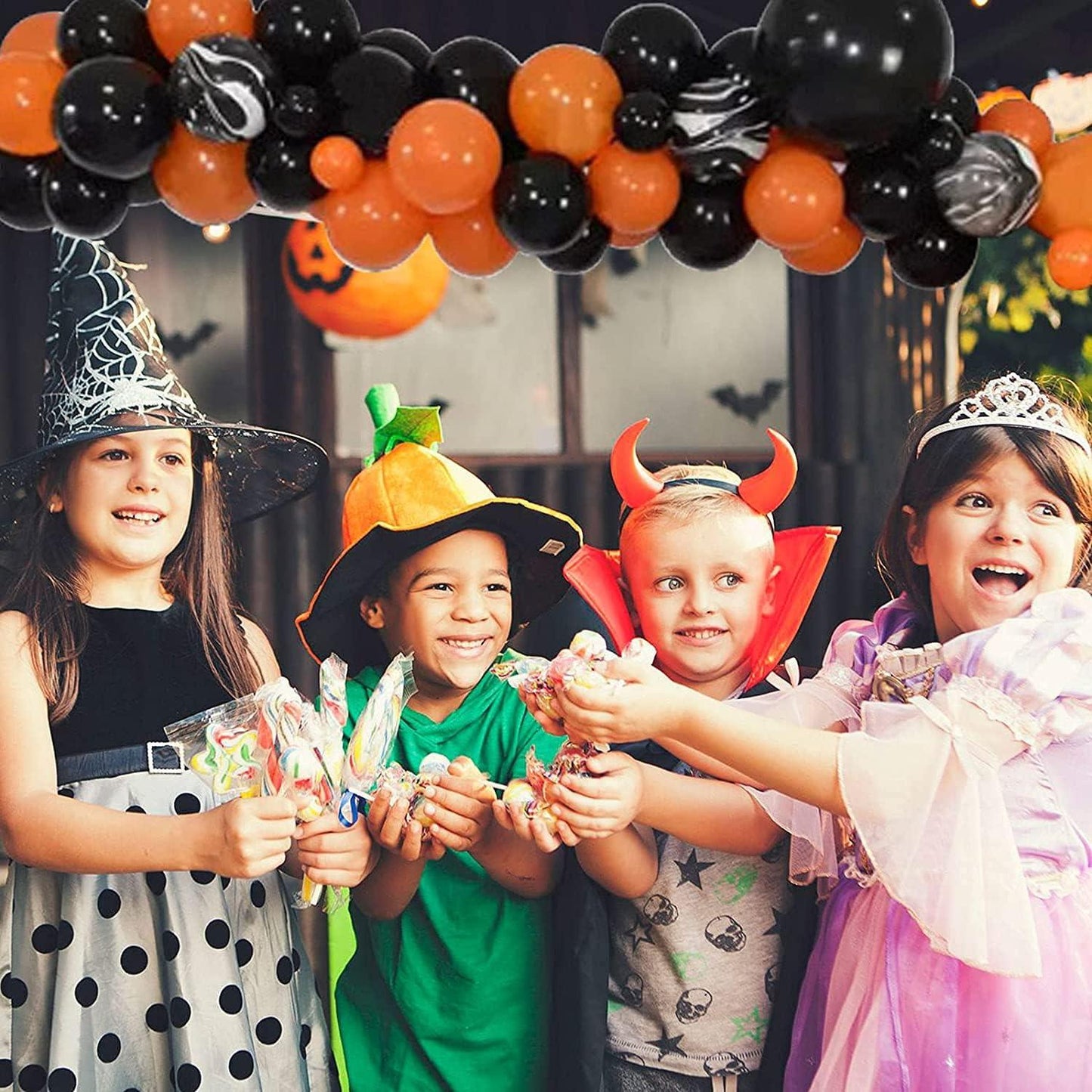 85pcs Halloween Balloon Garland Arch Kit, Black Orange Balloon Arch Garland Kit with Foil Cat Pumpkin Balloon and Marble Balloons for Halloween - Hibrides