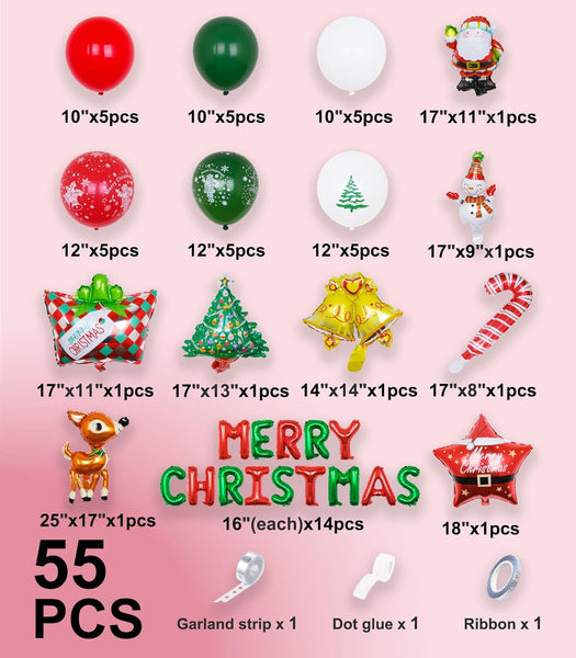 55PCS Christmas Balloon Garland Kit with Merry Christmas Alphabet 3D Tree Deer Santa Gift Box Bell Candy Cane Star Foil Balloons