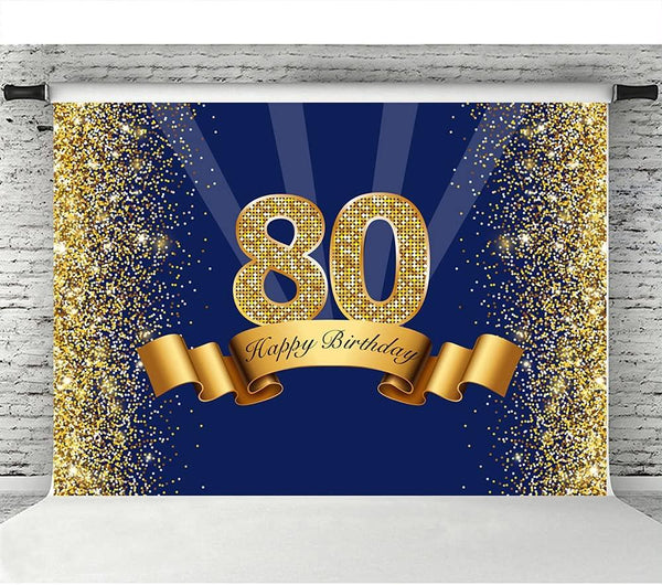 Happy 80th Birthday Photography Backdrop for Adult Men Navy Blue and Glitter Gold Eighty Years Old Background - Hibrides