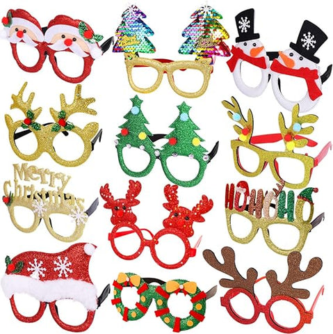 12Pcs Christmas Glasses Glitter Holiday Party Glasses Frames Christmas Decoration Accessories Costume Eyeglasses for Christmas Parties Holiday Favors
