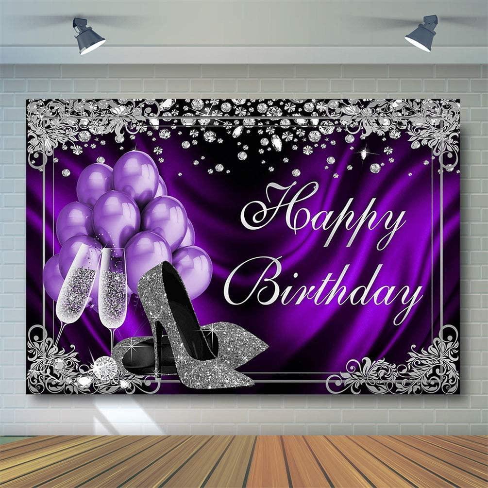 Silver Purple Birthday Photography Backdrops 7x5ft Purple Balloons Silver High Heels Champagne Birthday Party Banner Decoration - Hibrides