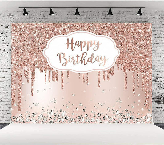 Pink Rose Golden Birthday Party Backdrop Glitter Diamonds Happy Birthday Background - Hibrides