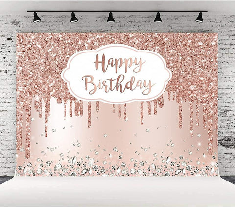 Pink Rose Golden Birthday Party Backdrop Glitter Diamonds Happy Birthday Background - Hibrides