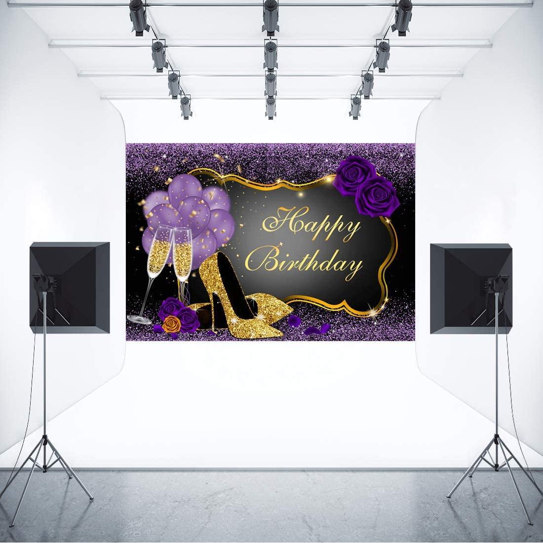 7x5FT Purple Happy Birthday Backdrop Rose Shiny Sequin High Heels Champagne Golden Frame Glasses Photography Background - Hibrides