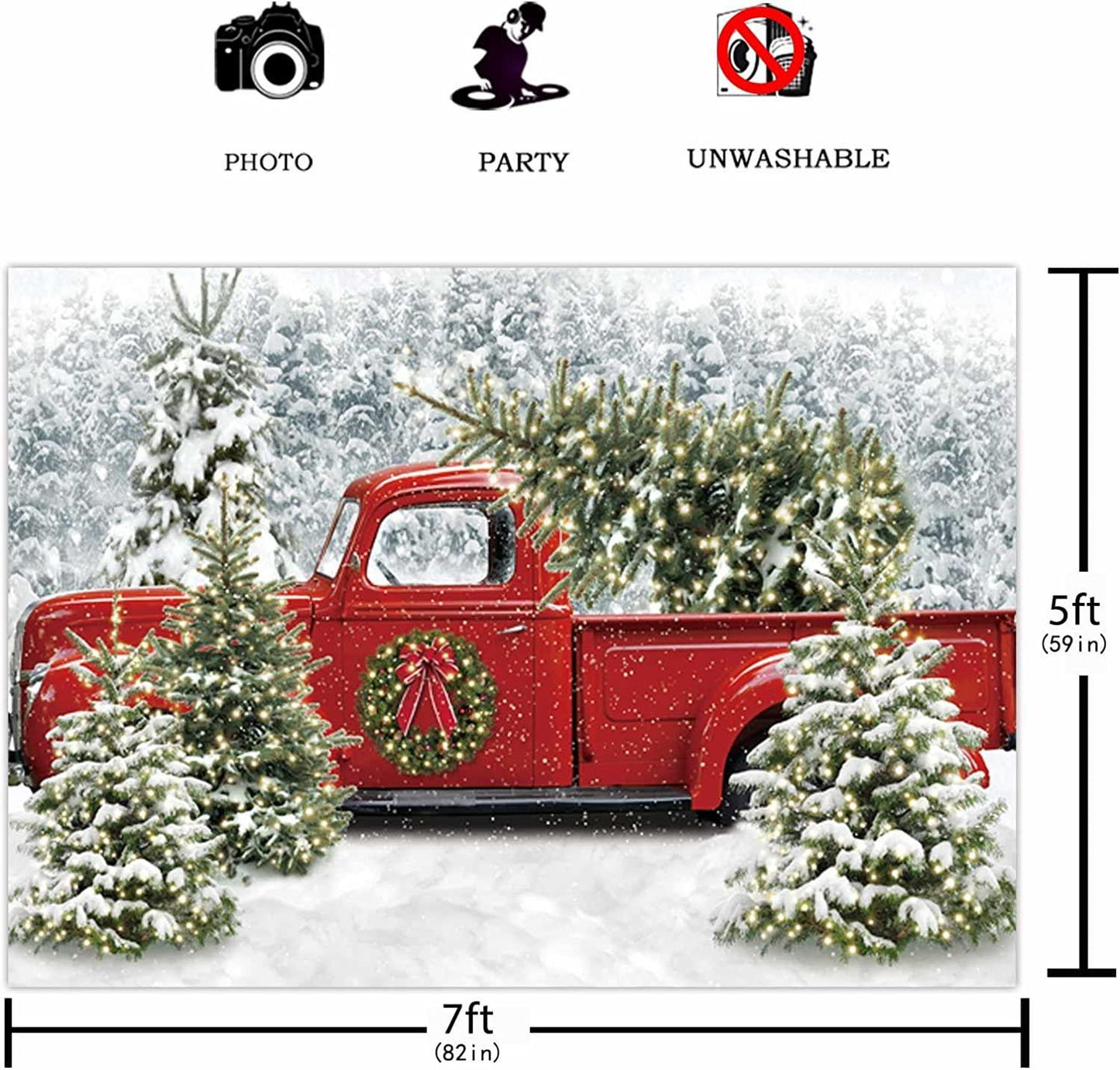 Christmas Red Truck Backdrop Winter Snowy Forest Tree Background - Hibrides