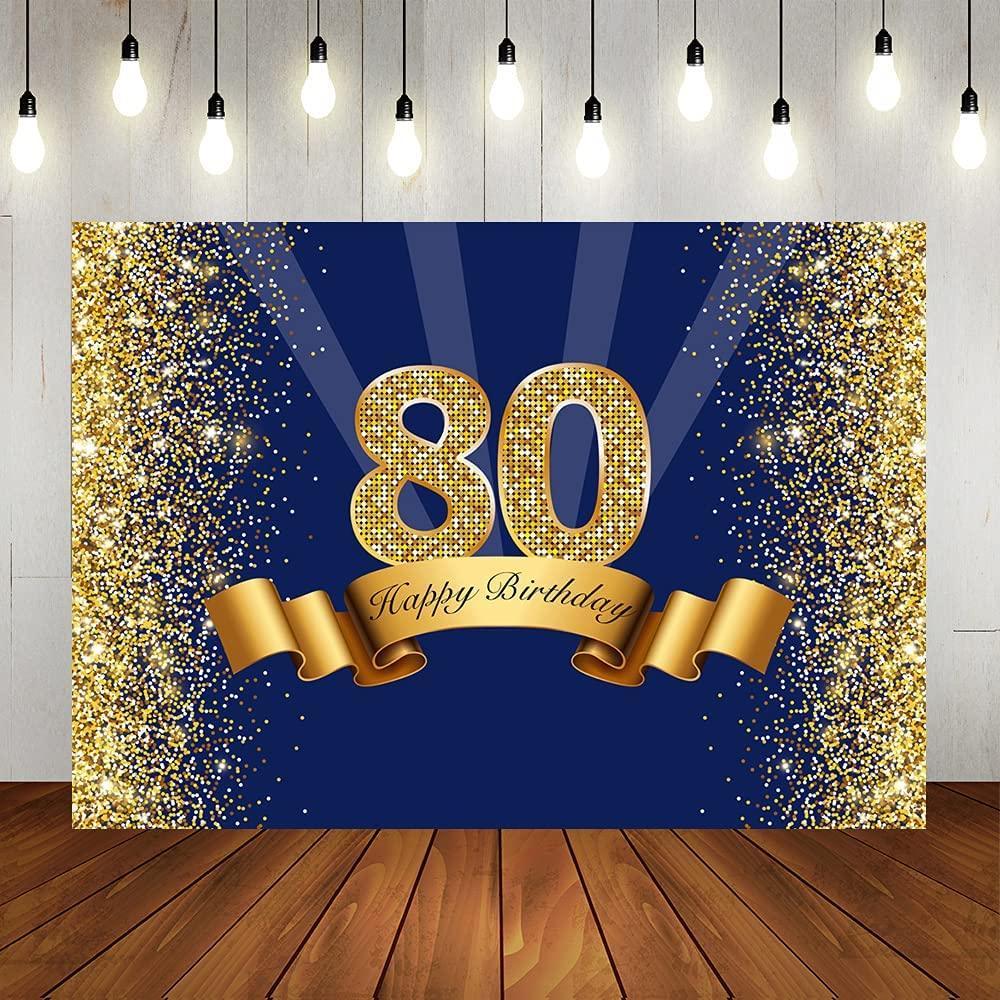 Happy 80th Birthday Photography Backdrop for Adult Men Navy Blue and Glitter Gold Eighty Years Old Background - Hibrides