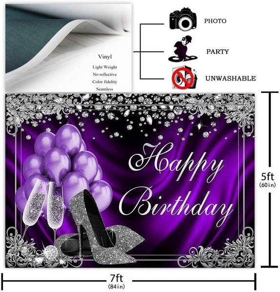 Silver Purple Birthday Photography Backdrops 7x5ft Purple Balloons Silver High Heels Champagne Birthday Party Banner Decoration - Hibrides