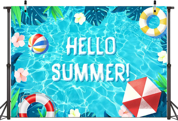 Hello Summer Pool Party Backdrop Tropical Swimming Ring Balls Hawaiian Birthday Photography Background - Hibrides